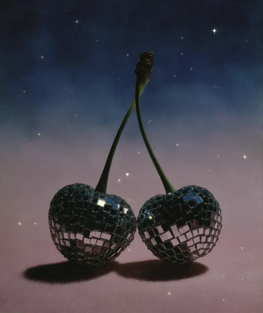 Midjourney generated image using SREF code Gossamer Gaze, Ominous Alienscape, Ethereal Echoes: Two cherries are reflected in a mirror ball. 