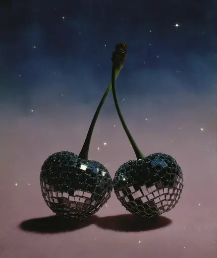 Midjourney generated image using SREF code Gossamer Gaze, Ominous Alienscape, Ethereal Echoes: Two cherries are reflected in a mirror ball. 