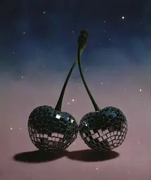 Midjourney generated image using SREF code Gossamer Gaze, Ominous Alienscape, Ethereal Echoes: Two cherries are reflected in a mirror ball. 