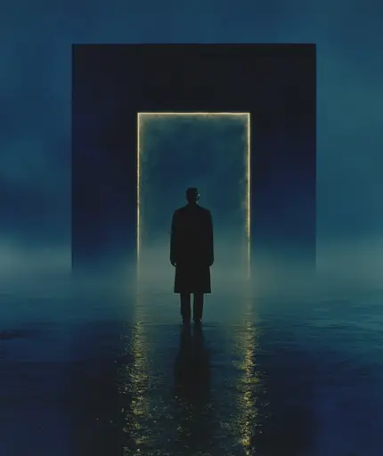 Midjourney generated image using SREF code Gossamer Gaze, Ominous Alienscape, Ethereal Echoes: A man standing in front of an open door in the fog.