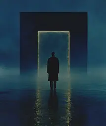 Midjourney generated image using SREF code Gossamer Gaze, Ominous Alienscape, Ethereal Echoes: A man standing in front of an open door in the fog.