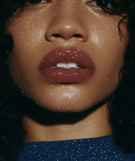 Midjourney generated image using SREF code Gossamer Gaze, Ominous Alienscape, Ethereal Echoes: a close up of a woman's face with glitter on her lips