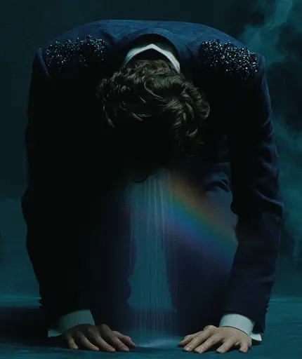 Midjourney generated image using SREF code Gossamer Gaze, Ominous Alienscape, Ethereal Echoes: A man in a suit with a rainbow in the background.