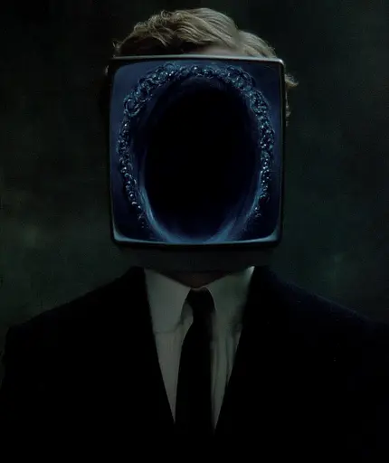 Midjourney generated image using SREF code Gossamer Gaze, Ominous Alienscape, Ethereal Echoes: A man in a suit with a television on his head.