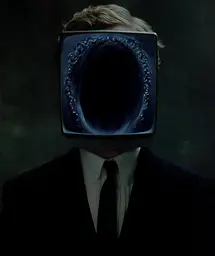 Midjourney generated image using SREF code Gossamer Gaze, Ominous Alienscape, Ethereal Echoes: A man in a suit with a television on his head.