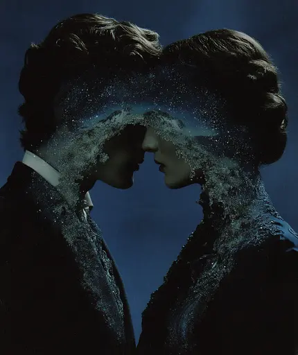 Midjourney generated image using SREF code Gossamer Gaze, Ominous Alienscape, Ethereal Echoes: A man and a woman are kissing in front of a blue background.