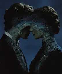 Midjourney generated image using SREF code Gossamer Gaze, Ominous Alienscape, Ethereal Echoes: A man and a woman are kissing in front of a blue background.