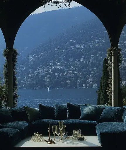 Midjourney generated image using SREF code Gossamer Gaze, Ominous Alienscape, Ethereal Echoes: A view of a living room with a view of the water.