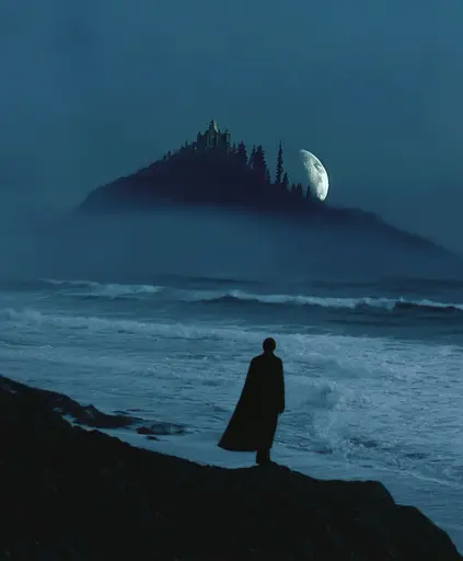 Midjourney generated image using SREF code Gossamer Gaze, Ominous Alienscape, Ethereal Echoes: A man standing on a cliff overlooking the ocean with a castle in the background.