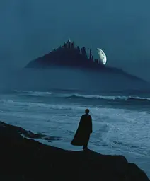 Midjourney generated image using SREF code Gossamer Gaze, Ominous Alienscape, Ethereal Echoes: A man standing on a cliff overlooking the ocean with a castle in the background.