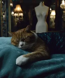 Midjourney generated image using SREF code Gossamer Gaze, Ominous Alienscape, Ethereal Echoes: A cat sleeping on a blue couch in front of a mirror.