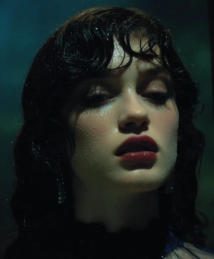 Midjourney generated image using SREF code Gossamer Gaze, Ominous Alienscape, Ethereal Echoes: A woman with wet hair and red lipstick in a dark room.