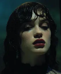 Midjourney generated image using SREF code Gossamer Gaze, Ominous Alienscape, Ethereal Echoes: A woman with wet hair and red lipstick in a dark room.