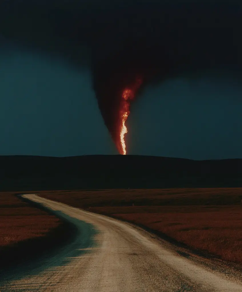 Midjourney generated image using SREF code Gossamer Gaze, Ominous Alienscape, Ethereal Echoes: A dirt road in the middle of a field with a tornado in the background.