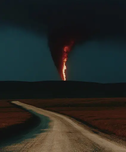 Midjourney generated image using SREF code Gossamer Gaze, Ominous Alienscape, Ethereal Echoes: A dirt road in the middle of a field with a tornado in the background.