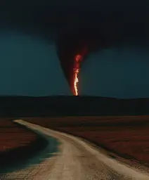 Midjourney generated image using SREF code Gossamer Gaze, Ominous Alienscape, Ethereal Echoes: A dirt road in the middle of a field with a tornado in the background.