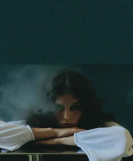 Midjourney generated image using SREF code Gossamer Gaze, Ominous Alienscape, Ethereal Echoes: A woman sitting at a table with her head resting on her hands.