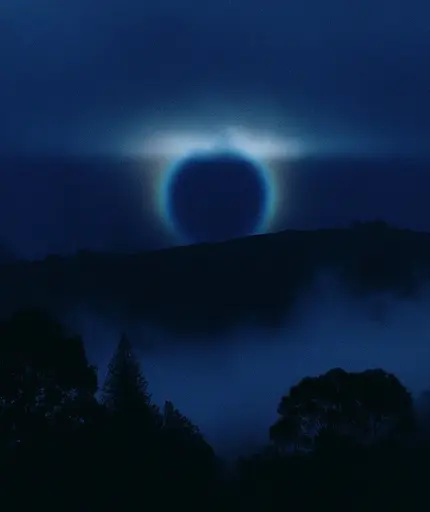 Midjourney generated image using SREF code Gossamer Gaze, Ominous Alienscape, Ethereal Echoes: A blue circle in the sky over a mountain range.