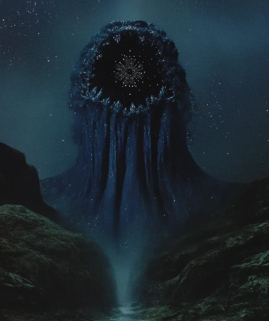 Midjourney generated image using SREF code Gossamer Gaze, Ominous Alienscape, Ethereal Echoes: A large blue jellyfish floating in the ocean under a starry sky.