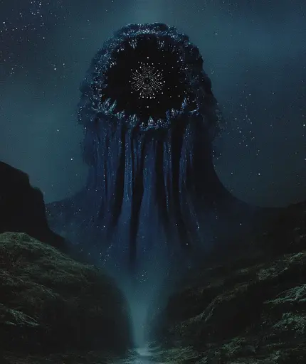 Midjourney generated image using SREF code Gossamer Gaze, Ominous Alienscape, Ethereal Echoes: A large blue jellyfish floating in the ocean under a starry sky.