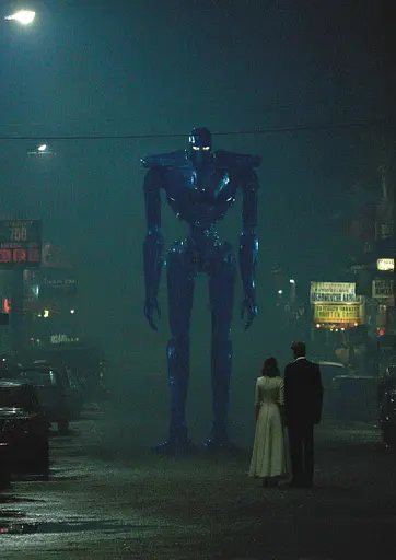 Midjourney generated image using SREF code Gossamer Gaze, Ominous Alienscape, Ethereal Echoes: A man and woman standing in front of a giant robot.