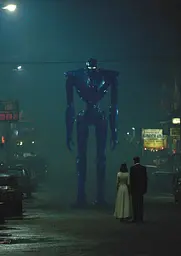 Midjourney generated image using SREF code Gossamer Gaze, Ominous Alienscape, Ethereal Echoes: A man and woman standing in front of a giant robot.