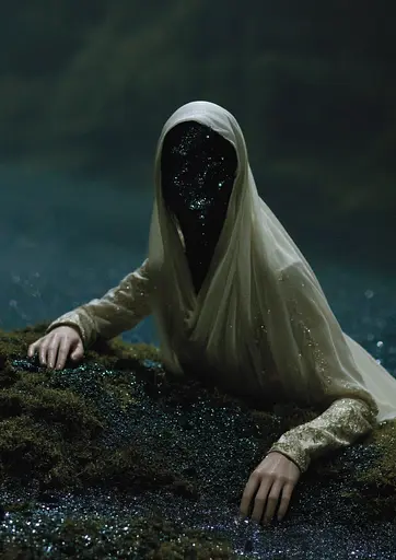 Midjourney generated image using SREF code Gossamer Gaze, Ominous Alienscape, Ethereal Echoes: A woman in a white veil laying on a rock.