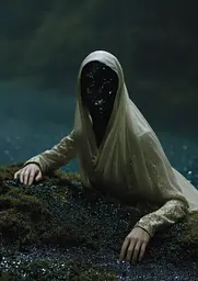 Midjourney generated image using SREF code Gossamer Gaze, Ominous Alienscape, Ethereal Echoes: A woman in a white veil laying on a rock.