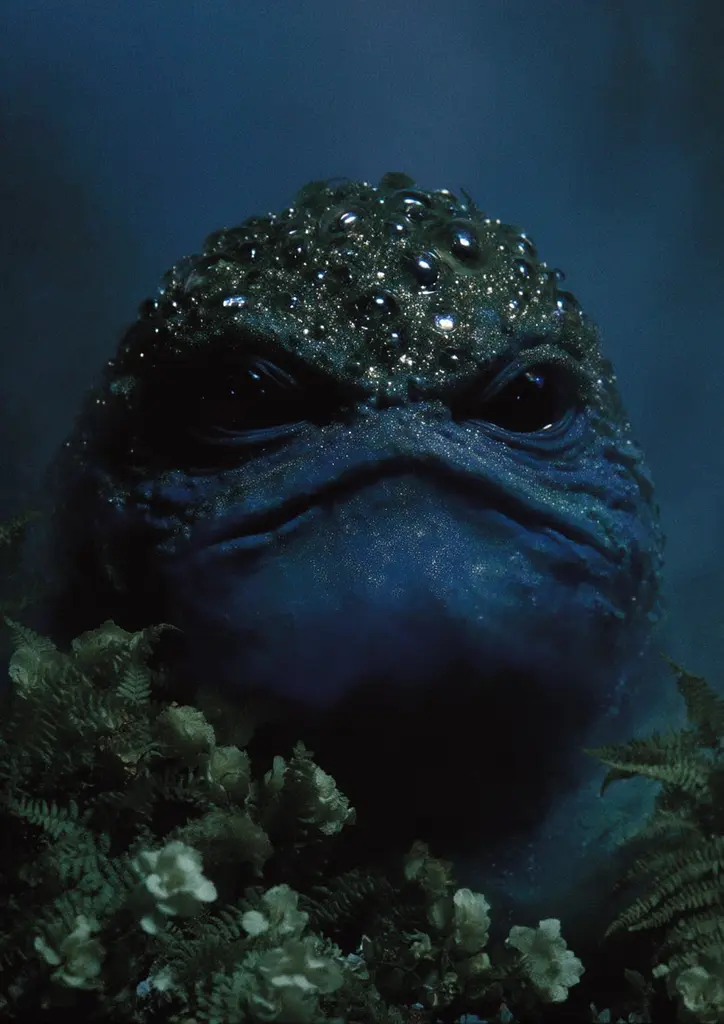 Midjourney generated image using SREF code Gossamer Gaze, Ominous Alienscape, Ethereal Echoes: a close up of a blue toad in the middle of a forest