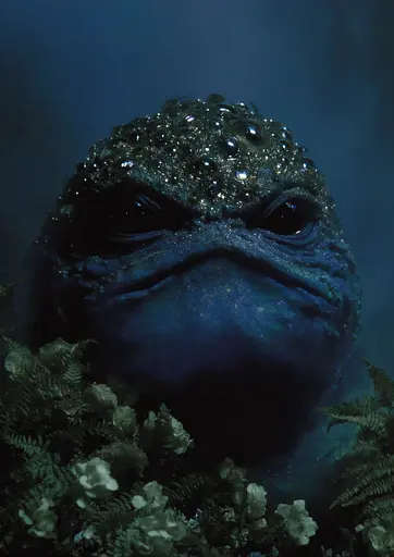 Midjourney generated image using SREF code Gossamer Gaze, Ominous Alienscape, Ethereal Echoes: a close up of a blue toad in the middle of a forest
