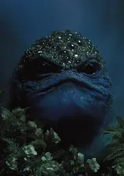 Midjourney generated image using SREF code Gossamer Gaze, Ominous Alienscape, Ethereal Echoes: a close up of a blue toad in the middle of a forest