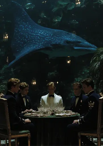 Midjourney generated image using SREF code Gossamer Gaze, Ominous Alienscape, Ethereal Echoes: A group of men sitting around a table in front of a whale shark.
