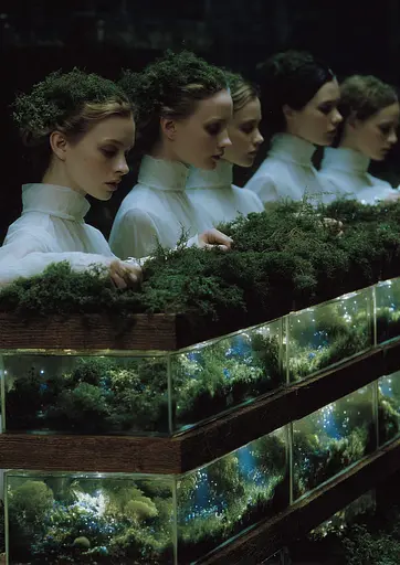 Midjourney generated image using SREF code Gossamer Gaze, Ominous Alienscape, Ethereal Echoes: A group of women standing next to each other in front of a fish tank.