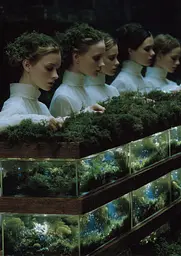 Midjourney generated image using SREF code Gossamer Gaze, Ominous Alienscape, Ethereal Echoes: A group of women standing next to each other in front of a fish tank.
