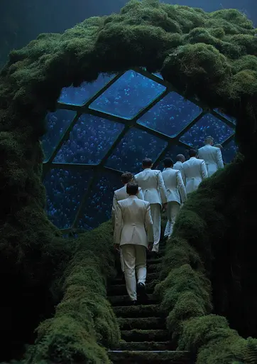 Midjourney generated image using SREF code Gossamer Gaze, Ominous Alienscape, Ethereal Echoes: A group of men in white suits walking up a set of stairs.