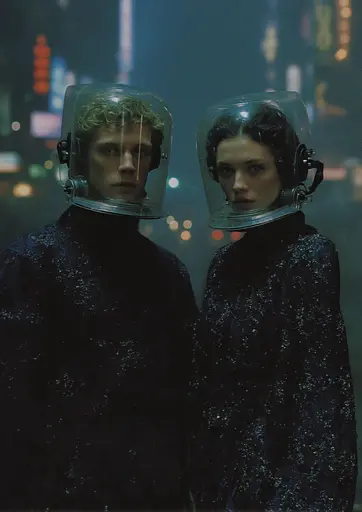 Midjourney generated image using SREF code Gossamer Gaze, Ominous Alienscape, Ethereal Echoes: A man and a woman wearing helmets standing next to each other.