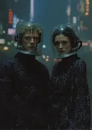 Midjourney generated image using SREF code Gossamer Gaze, Ominous Alienscape, Ethereal Echoes: A man and a woman wearing helmets standing next to each other.