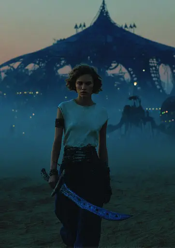 Midjourney generated image using SREF code Gossamer Gaze, Ominous Alienscape, Ethereal Echoes: A woman holding a sword standing in front of a tent.