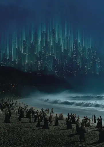 Midjourney generated image using SREF code Gossamer Gaze, Ominous Alienscape, Ethereal Echoes: A group of people standing on top of a beach next to the ocean.