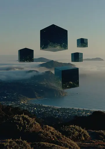Midjourney generated image using SREF code Gossamer Gaze, Ominous Alienscape, Ethereal Echoes: A group of cubes floating in the air over a city.
