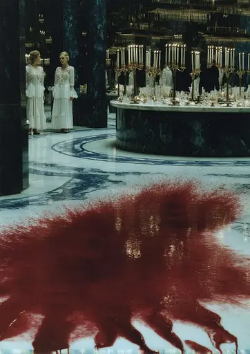 Midjourney generated image using SREF code Gossamer Gaze, Ominous Alienscape, Ethereal Echoes: A woman in a white dress standing in a room with blood on the floor.