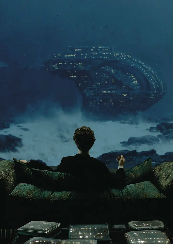 Midjourney generated image using SREF code Gossamer Gaze, Ominous Alienscape, Ethereal Echoes: A man sitting on a couch looking out over a city.