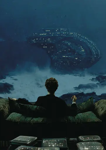 Midjourney generated image using SREF code Gossamer Gaze, Ominous Alienscape, Ethereal Echoes: A man sitting on a couch looking out over a city.