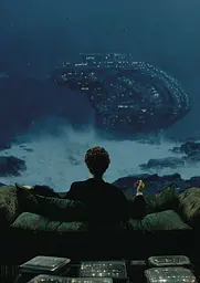 Midjourney generated image using SREF code Gossamer Gaze, Ominous Alienscape, Ethereal Echoes: A man sitting on a couch looking out over a city.