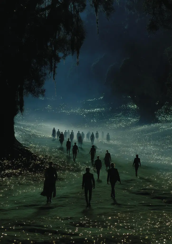Midjourney generated image using SREF code Gossamer Gaze, Ominous Alienscape, Ethereal Echoes: A group of people walking on a beach at night.