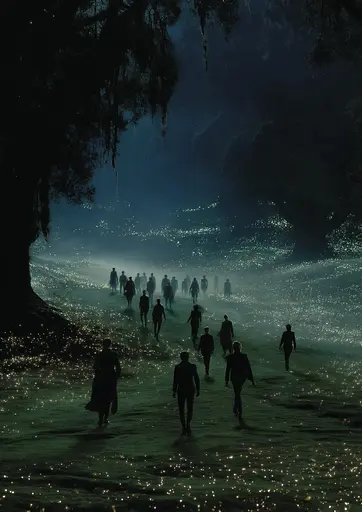 Midjourney generated image using SREF code Gossamer Gaze, Ominous Alienscape, Ethereal Echoes: A group of people walking on a beach at night.