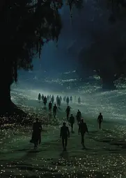 Midjourney generated image using SREF code Gossamer Gaze, Ominous Alienscape, Ethereal Echoes: A group of people walking on a beach at night.