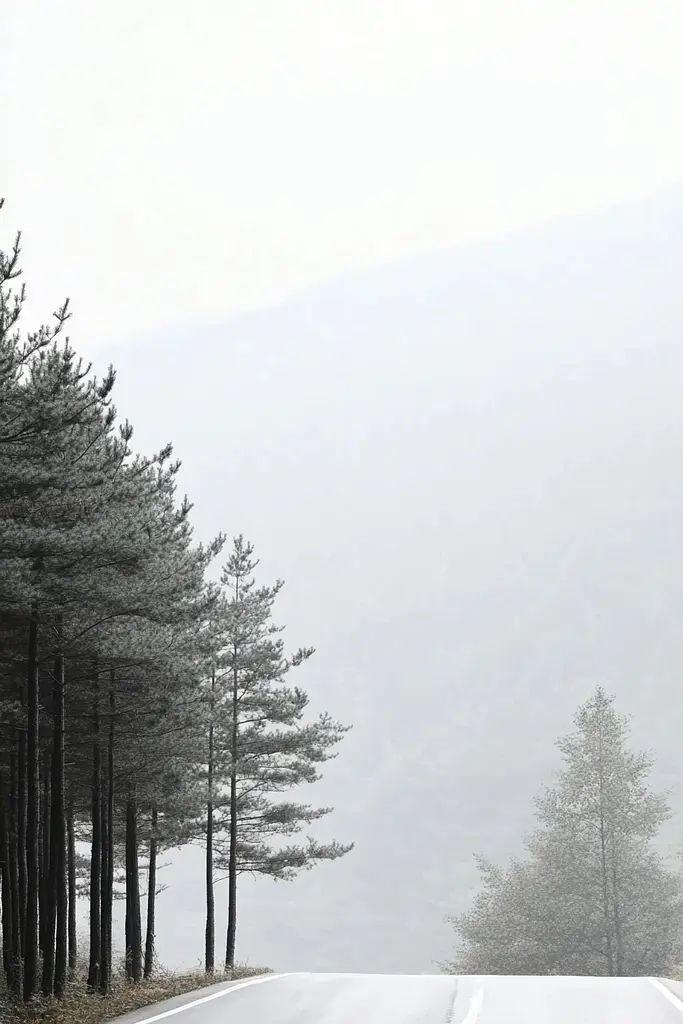 Midjourney generated image using SREF code Ethereal Essence: A snowy road with trees on both sides of it.