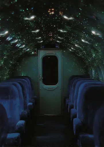 Midjourney generated image using SREF code Gossamer Gaze, Ominous Alienscape, Ethereal Echoes: A view of the inside of an airplane with blue seats.