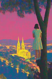 Midjourney generated image using SREF code , , , , , , : A woman standing on top of a hill looking at a city.